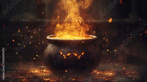 A dark, ominous cauldron sits centrally, bubbling with a vivid, fiery orange liquid that creates a dramatic contrast against the blackened, textured surface of the pot. Fiery tendrils and thick smoke  photo