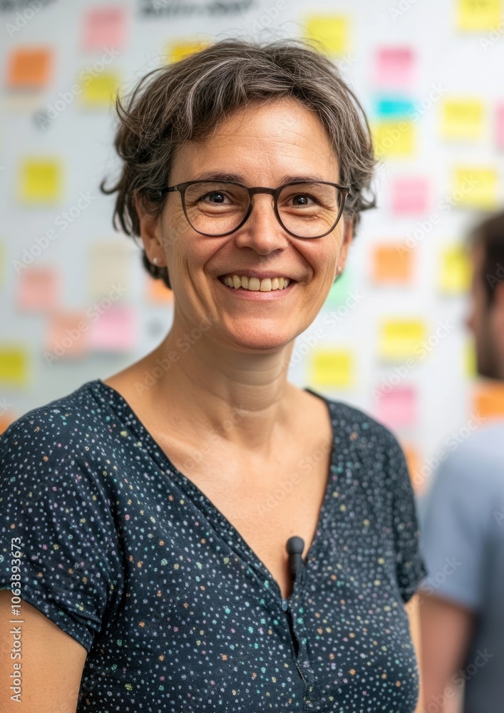 A smiling woman in a casual setting with colorful sticky notes in the background. A smiling woman in a casual setting with colorful sticky notes in the background.