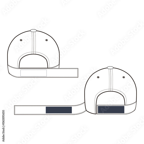 White baseball cap with adjustable strap detail, rear views showing strap placement, isolated on white background, ideal for design templates and branding.

