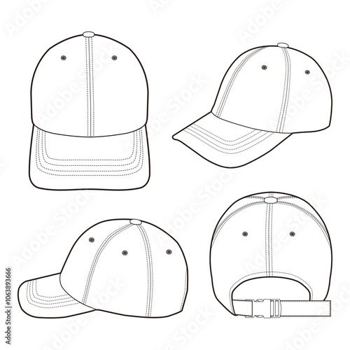 Set of four views of a white baseball cap, showing front, back, side, and angled perspectives with stitching and adjustable strap, isolated on white background, ideal for apparel mockups.

