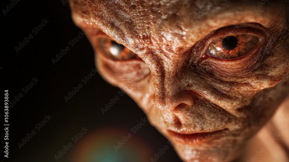This image depicts a highly detailed close-up of an alien-like creature, focusing on its large, expressive eyes and unique textured skin, evoking mystery and wonder. This image depicts a highly detailed close-up of an alien-like creature, focusing on its large, expressive eyes and unique textured skin, evoking mystery and wonder.