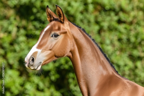 A close-up of a horse's head showcasing its sleek coat and expressive features.