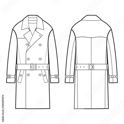 Front and back views of a double-breasted trench coat with belt and cuff strap details, isolated on white background, ideal for fashion design and apparel mockups.

