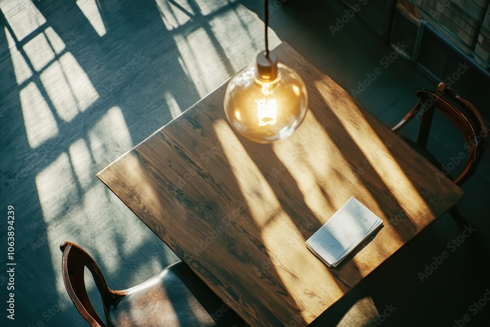 A cozy table setting with a book and pendant light casting shadows. A cozy table setting with a book and pendant light casting shadows.
