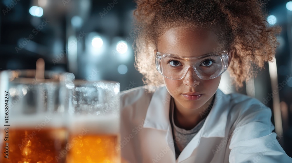 A young scientist with protective goggles displays intense focus in a laboratory environment filled with glassware, highlighting the pursuit of scientific knowledge. A young scientist with protective goggles displays intense focus in a laboratory environment filled with glassware, highlighting the pursuit of scientific knowledge.