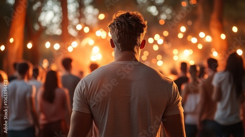 The back of a man in a casual shirt watches an outdoor festival, with a sea of people and glowing lights, creating a sense of anticipation and awe.