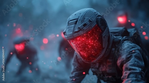 A group of soldiers in sleek, futuristic combat gear with glowing red eyes crawl through a misty, bluish battlefield, symbolizing intensity and modern warfare.