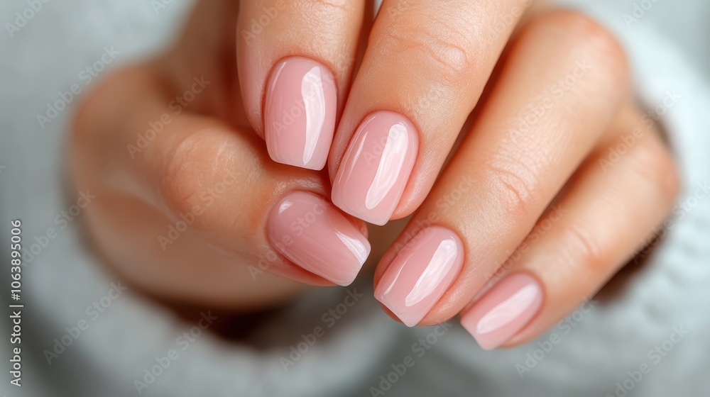 A close-up of well-groomed hands featuring a glossy pink manicure, highlighting the neat and elegant appearance of the polished fingernails. A close-up of well-groomed hands featuring a glossy pink manicure, highlighting the neat and elegant appearance of the polished fingernails.