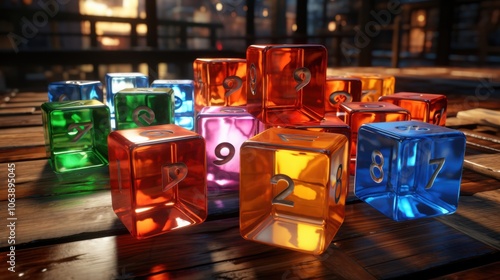 A collection of colorful, transparent dice with silver numbers scattered on a wooden surface, casting reflections on the surface. photo