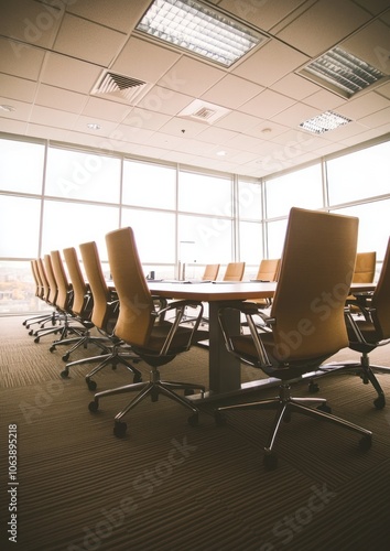 A modern conference room with a long table and ergonomic chairs, ready for meetings.