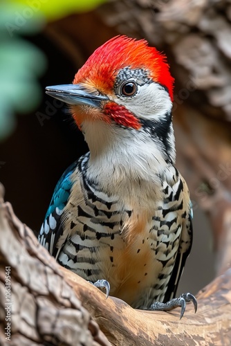 Woodpecker perched on wood against a clean white background for a striking visual contrast photo