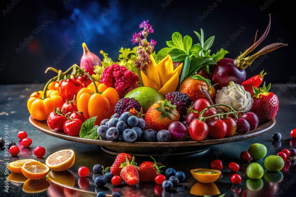 Vibrant Food Photography with Dark Color Gradient Background Featuring Red, Blue, Yellow, and Purple for Culinary Art and Gourmet Presentation Vibrant Food Photography with Dark Color Gradient Background Featuring Red, Blue, Yellow, and Purple for Culinary Art and Gourmet Presentation