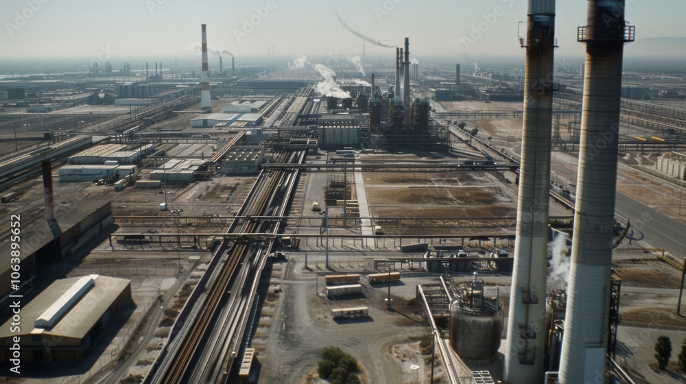 A sprawling industrial complex stretches as far as the eye can see, marked by smokestacks, pipelines, and storage units under a clear sky. A sprawling industrial complex stretches as far as the eye can see, marked by smokestacks, pipelines, and storage units under a clear sky.