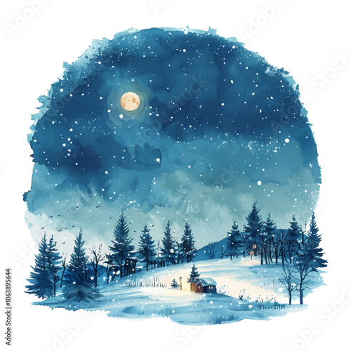 winter night sky vector illustration in watercolor style