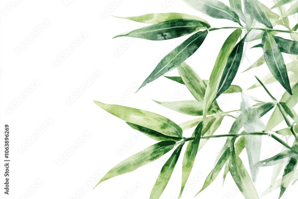 Fototapeta premium Watercolor Bamboo Illustration on White Background, Botanical Drawing of Green Plant Stem and Leaf