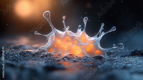 The dynamic image captures an animated splash of glowing orange protrusions, creating a sense of effervescent energy surging outward against a textured surface.