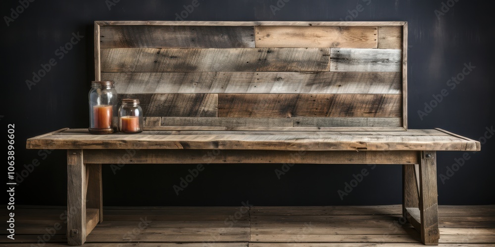 Rustic wooden table with weathered wood plank backdrop and two glass jars filled with candles Rustic wooden table with weathered wood plank backdrop and two glass jars filled with candles