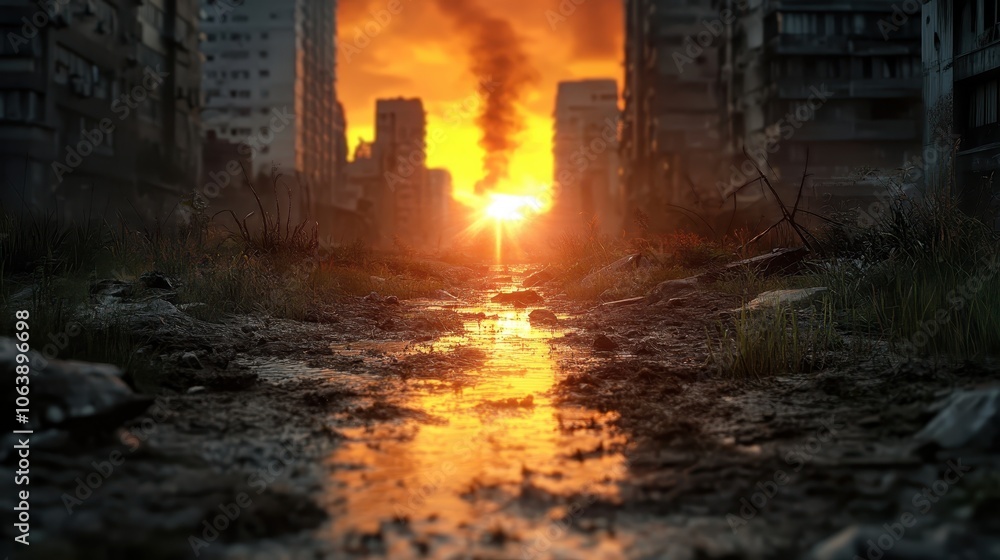 An intense urban scene with an empty street in a decrepit city, bathed in the glow of a fiery sunset and a plume of smoke rising in the distance, symbolizing chaos. An intense urban scene with an empty street in a decrepit city, bathed in the glow of a fiery sunset and a plume of smoke rising in the distance, symbolizing chaos.