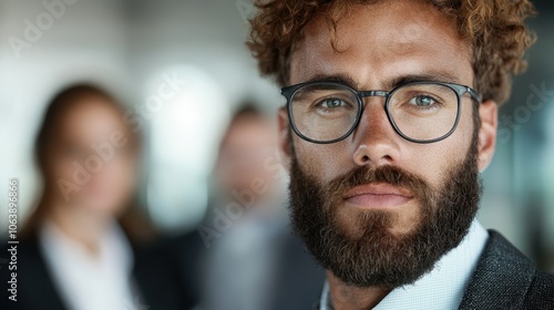 A close-up portrait captures a curly-haired man wearing glasses, embodying confidence and sophistication in a business context, with focused and thoughtful expression. photo