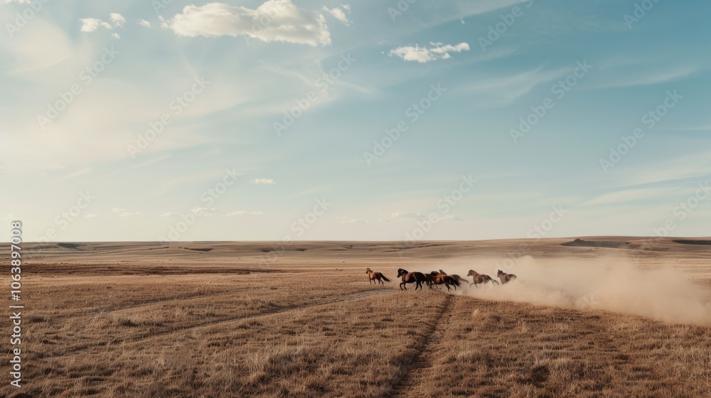 A herd of horses gallops across a barren plain, their movement a dynamic blur against the backdrop of a vast open sky. A herd of horses gallops across a barren plain, their movement a dynamic blur against the backdrop of a vast open sky.