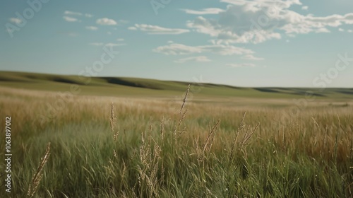 Golden prairie grasses sway under a bright sky in a gentle breeze, capturing the vast expanse and tranquility of open plains on a sunny day.