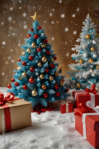 Festive Scene with White Christmas Tree, Gifts, and Bright Holiday Atmosphere