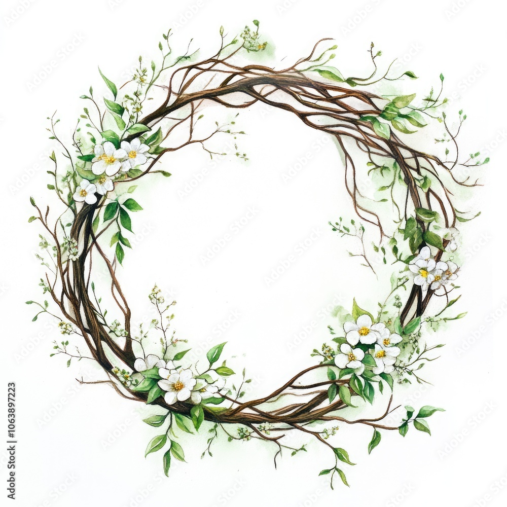 Watercolor Tree Branch Wreath with Spring Flowers and Greenery, Floral Botanical Wedding Decoration Watercolor Tree Branch Wreath with Spring Flowers and Greenery, Floral Botanical Wedding Decoration