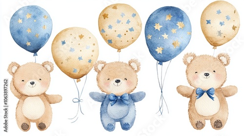 Watercolor Illustration of Cute Little Bears with Blue and Gold Balloons for a Baby Boy Shower
