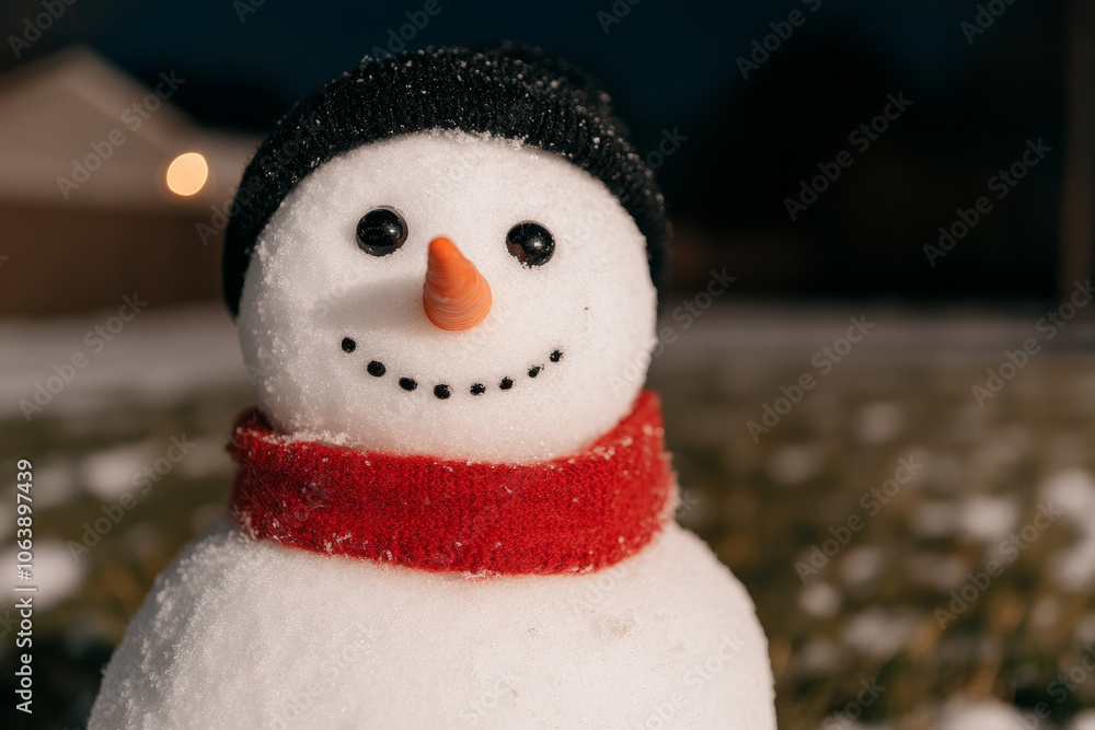 Obraz premium A snowman with a red scarf and a black hat is smiling