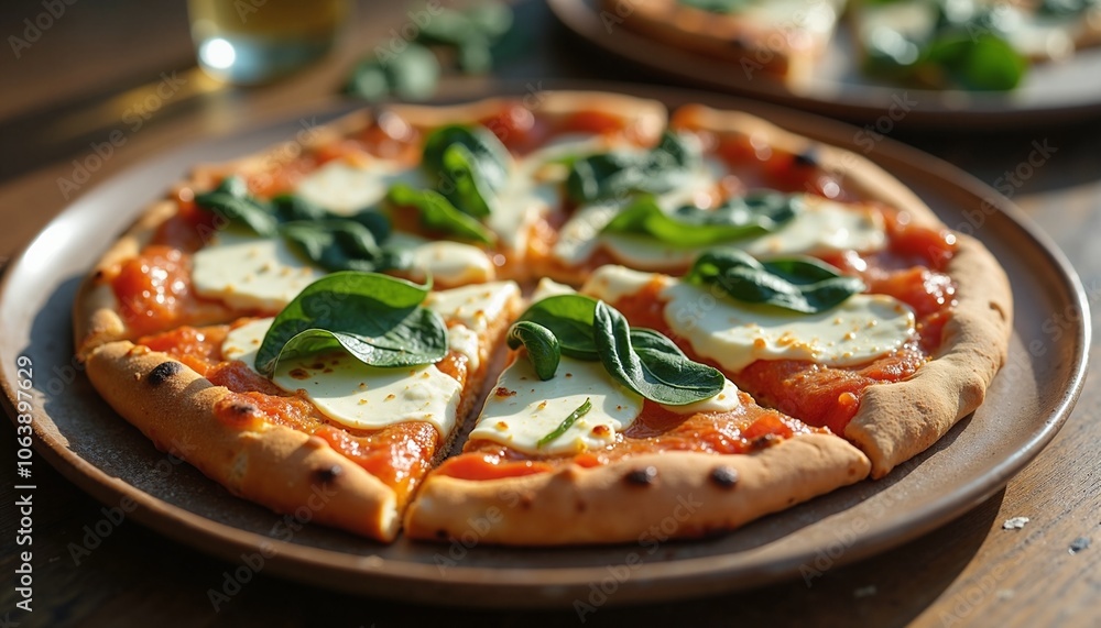 Delicious Margherita Pizza with Fresh Basil on Rustic Wooden Table Delicious Margherita Pizza with Fresh Basil on Rustic Wooden Table