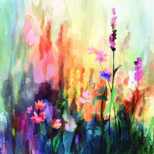 Wild Flower Garden. Abstract Watercolor Painting of Spring Blooms in Nature