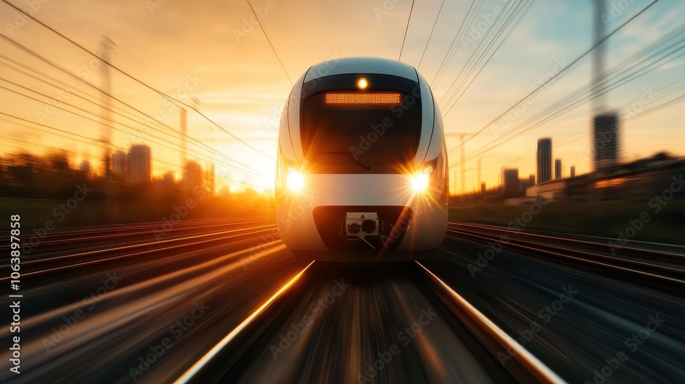 This image showcases a sleek bullet train rapidly traversing through a picturesque landscape, illuminated by a dramatic sunset with a city skyline in the background. This image showcases a sleek bullet train rapidly traversing through a picturesque landscape, illuminated by a dramatic sunset with a city skyline in the background.