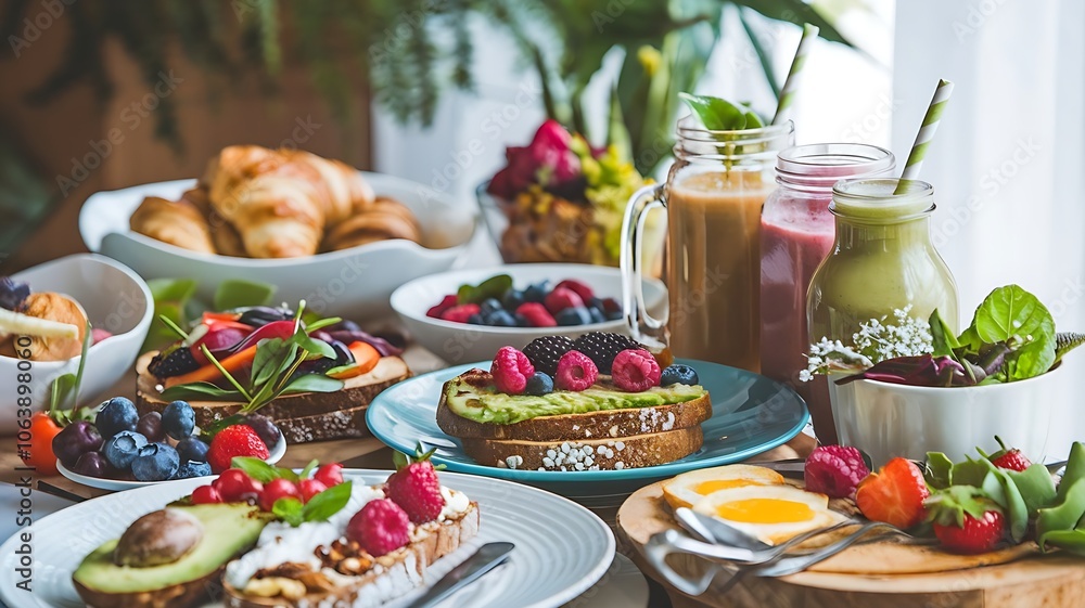 Vibrant Close-Up of Gourmet Brunch Table with Healthy Organic Foods, Fresh Fruits, Smoothies, Coffee, and Elegant Plating in Daylight Vibrant Close-Up of Gourmet Brunch Table with Healthy Organic Foods, Fresh Fruits, Smoothies, Coffee, and Elegant Plating in Daylight
