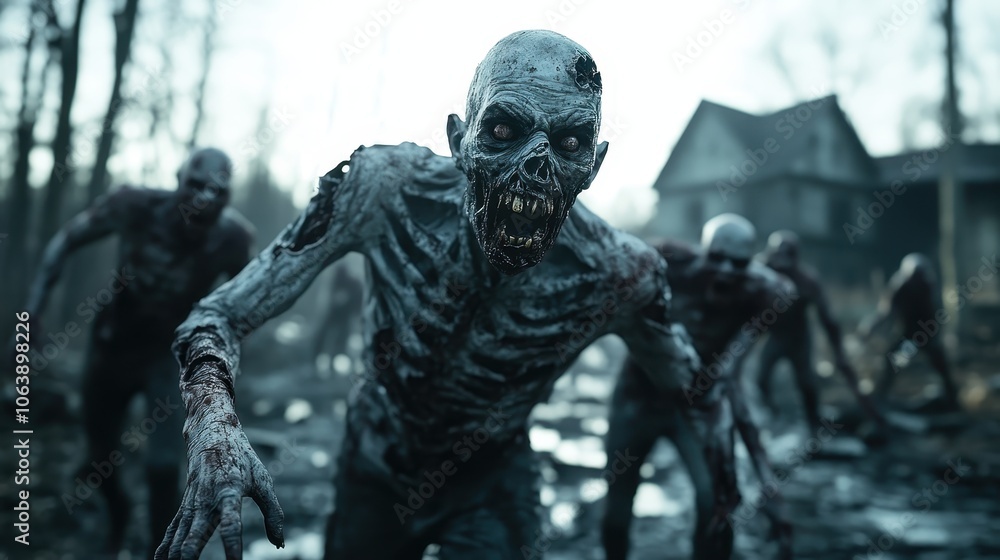 A frightening horde of zombies emerges from a dark, shadowy forest, their dilapidated bodies illuminated by an eerie glow, blending horror and suspenseful atmosphere. A frightening horde of zombies emerges from a dark, shadowy forest, their dilapidated bodies illuminated by an eerie glow, blending horror and suspenseful atmosphere.