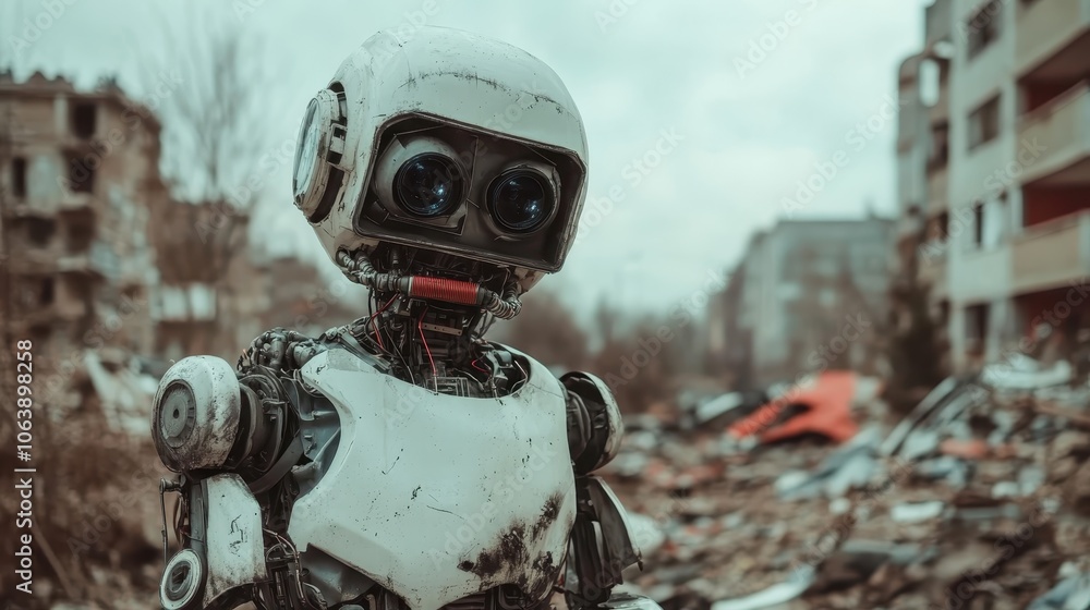 A small, weathered robot stands among urban debris, its large, expressive eyes conveying a sense of curiosity amidst the decay of a post-apocalyptic setting. A small, weathered robot stands among urban debris, its large, expressive eyes conveying a sense of curiosity amidst the decay of a post-apocalyptic setting.