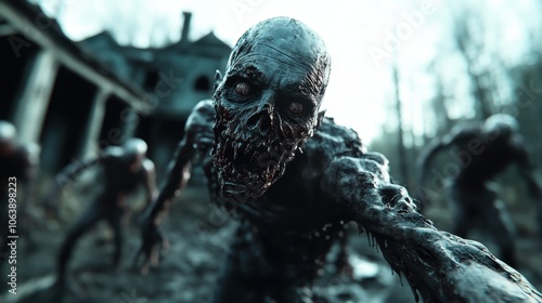 A graphic portrayal of a zombie clawing forward, its grotesque skull exposed within a dilapidated, abandoned backdrop, encapsulating horror and decay. photo