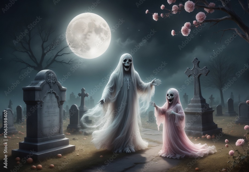 two cute ghosts in a cemetery on a full moon night Halloween two cute ghosts in a cemetery on a full moon night Halloween