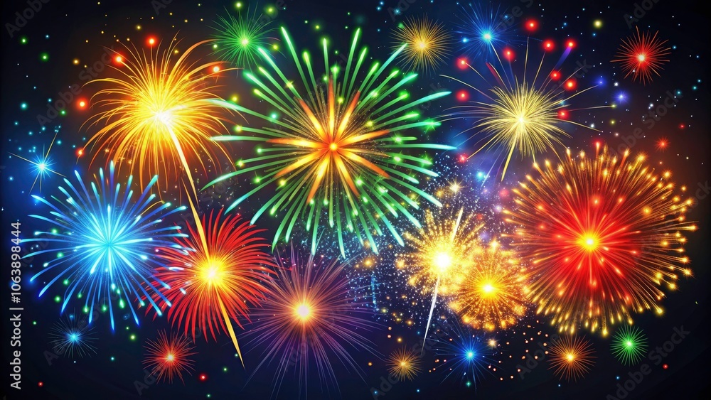 Fototapeta premium Vivid Fireworks Display in the Night Sky - Colorful Flat Vector Set with Dynamic Sparks and Bright Colors for Celebrations, Festivals, and Events