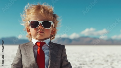 A little boy in a gray suit with a red tie poses confidently with stylish sunglasses against a broad open landscape, symbolizing sophistication and adventure.