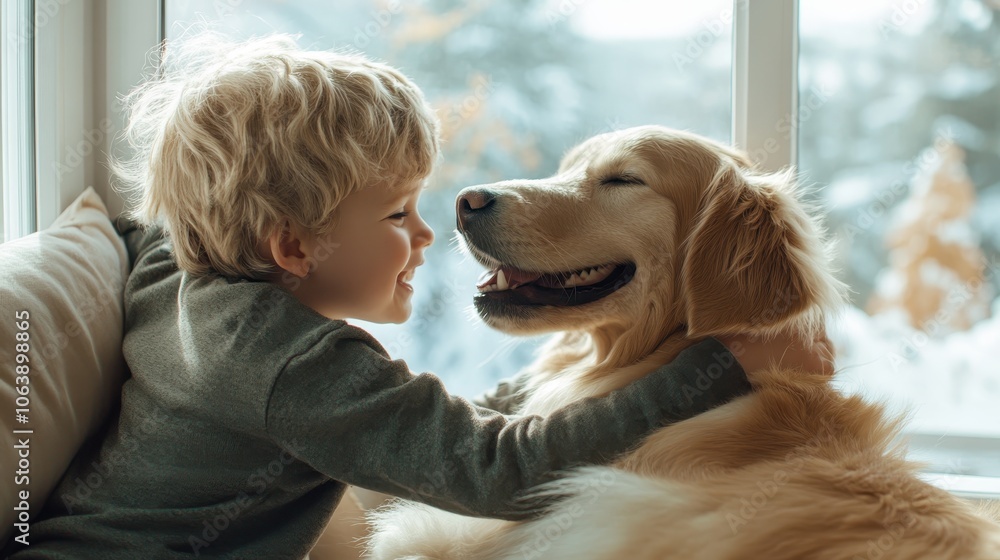 A blonde child shares a joyful moment with a golden retriever indoors by a window, with a snowy landscape outside, capturing warmth and companionship. A blonde child shares a joyful moment with a golden retriever indoors by a window, with a snowy landscape outside, capturing warmth and companionship.