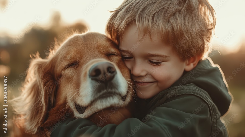 A young boy with a joyful smile hugs a content golden retriever in an outdoor setting, illustrating friendship, warmth, and the joy of having a faithful companion. A young boy with a joyful smile hugs a content golden retriever in an outdoor setting, illustrating friendship, warmth, and the joy of having a faithful companion.