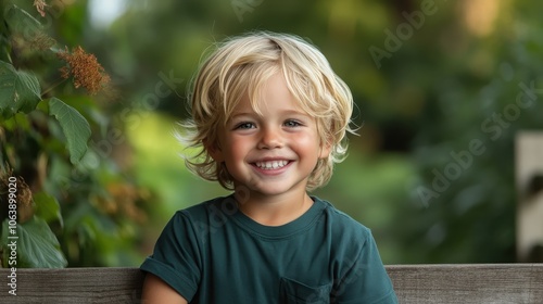 A cheerful young child with curly blonde hair and a bright smile sits on a bench surrounded by green foliage, enjoying a sunny day in the park with serenity.