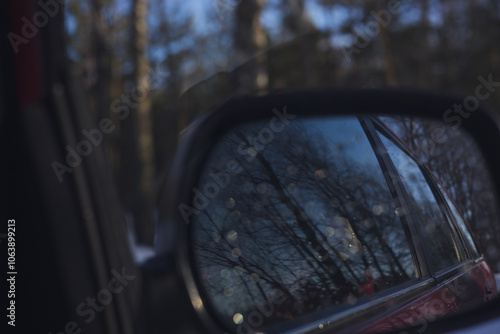 Winter forest in car mirror. Close-up of car rear view mirror reflecting bare trees and soft light of serene winter forest capturing beauty of nature during cold months.