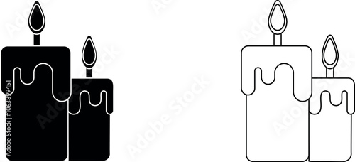 Two burning candles with melting wax. Vector icon.