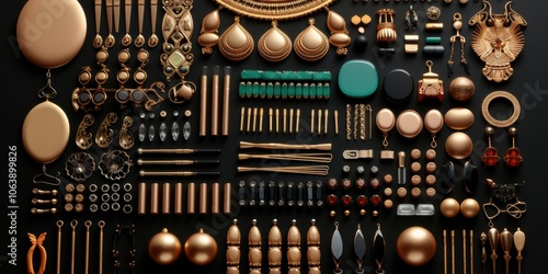 A Luxurious Arrangement of Golden and Black Jewelry and Accessories with Hints of Green and Red