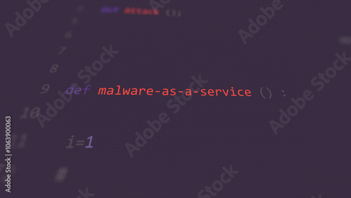 Cyber attack malware-as-a-service text in foreground screen, hands of a anonymous hacker on a led keyboard. Vulnerability text in informatic system style, code on editor screen.