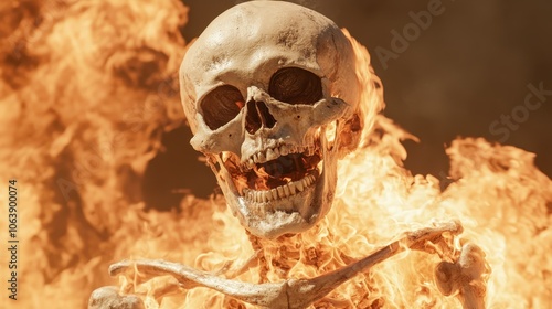 A vivid depiction of a fiery skeleton, surrounded by intense flames, evoking powerful themes of destruction, passion, and the eternal cycle of life and death.