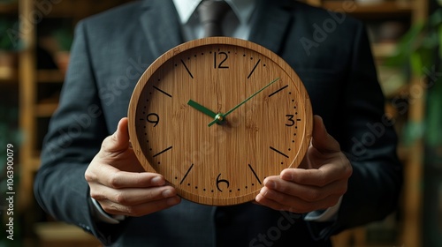 Wallpaper Mural A wooden watch in his hand representing the concept of time in business. Torontodigital.ca