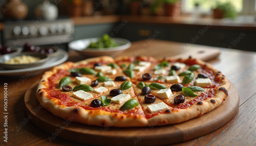 Freshly Baked Margherita Pizza with Olives and Basil on Rustic Wooden Table Freshly Baked Margherita Pizza with Olives and Basil on Rustic Wooden Table