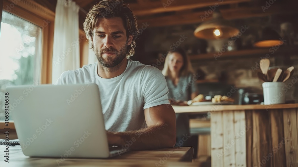 A casually dressed man sits at his laptop in a warm, wooden kitchen, embodying a blend of relaxation and productivity, with a woman blurred in the background. A casually dressed man sits at his laptop in a warm, wooden kitchen, embodying a blend of relaxation and productivity, with a woman blurred in the background.